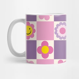 Retro Checkered Floral Pattern Pink and Purple Mug